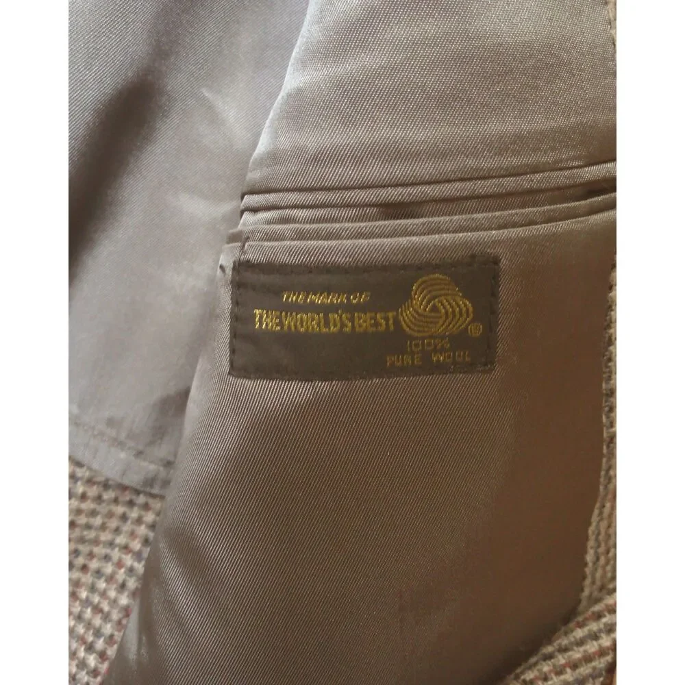 Vintage Stafford 44L 100% Wool Houndstooth Blazer USA Made Brown Sport Coat Fall